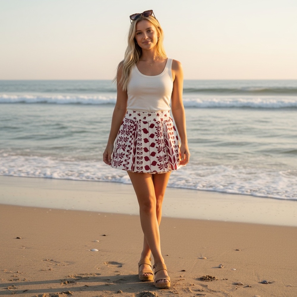 NEW BB Dakota Skirt Juniors 9 White Red Cherry Cherries Mini Pleated Flare Lined